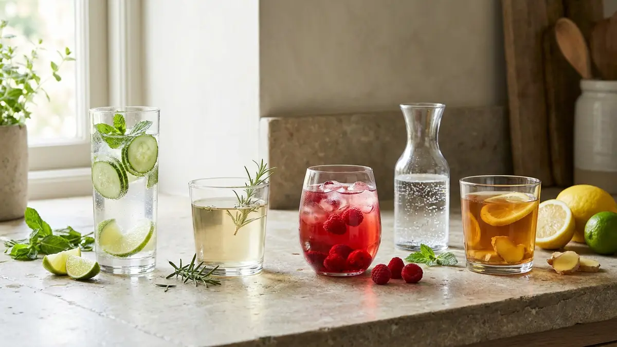 Vier alkoholfreie Mocktails mit Gurke, Kräutern, Hibiskustee und Zitrusfrüchten auf einem hellen Tisch