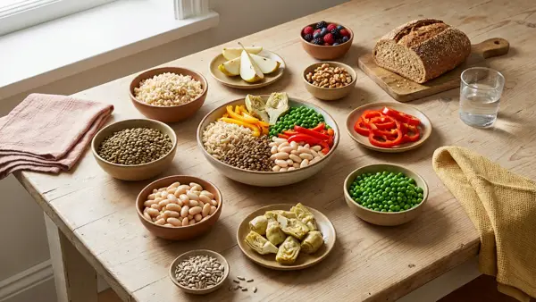 Ballaststoffreiche Lebensmittel: Vollkornbrot, Linsen, Bohnen, Gemüse, Birnen, Beeren, Nüsse und Samen