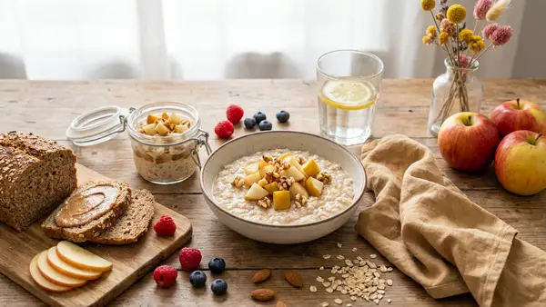 Ballaststoffreiches Frühstück mit Birnenporridge, Beeren-Overnight-Oats, Vollkornbrot und Nüssen
