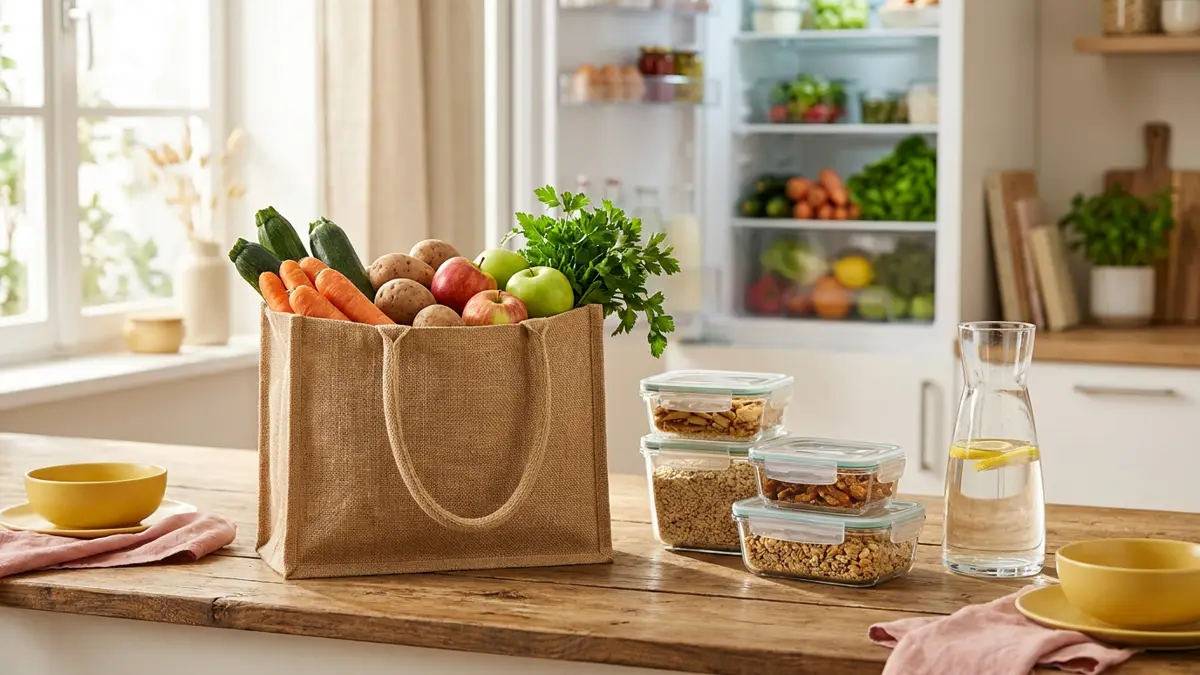 Gemüse, Kartoffeln und Obst im Einkaufskorb neben Vorratsbehältern und einer Wasserkaraffe in einer Küche