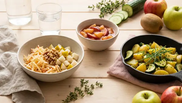 Obstschale mit Mandeln, warmes Apfel-Birnen-Kompott und Kartoffel-Zucchini-Pfanne als Frühstücksideen