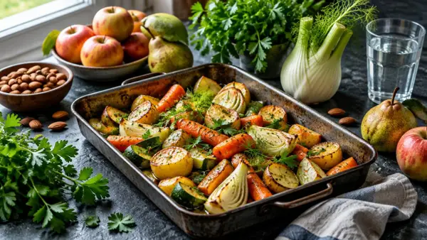 Buntes Ofengemüse mit Kartoffeln, Karottensuppe, Obst und Kräutern auf einem dunklen Küchentisch