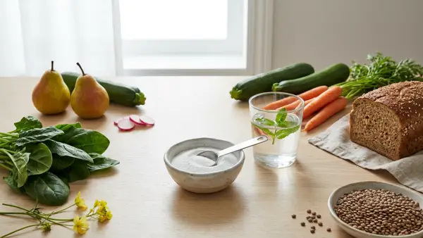 Basenpulver in einer neutralen Schale neben Wasser, Gemüse, Obst, Vollkornbrot und Hülsenfrüchten