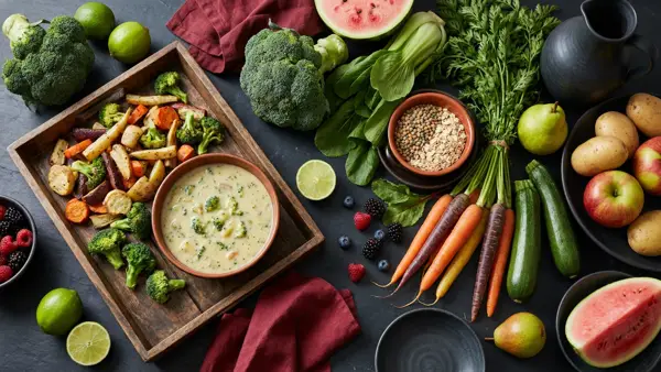 Buntes Gemüse, Kartoffeln, Obst und Kräuter neben Ofengemüse und Brokkoli-Kartoffel-Suppe auf dunklem Tisch