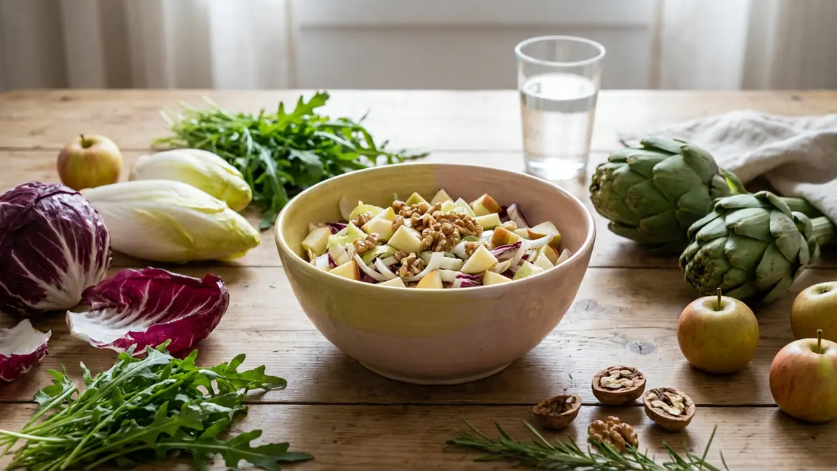 Chicorée, Radicchio, Rucola und Artischocken neben Apfel, Walnüssen und einem frischen Salat