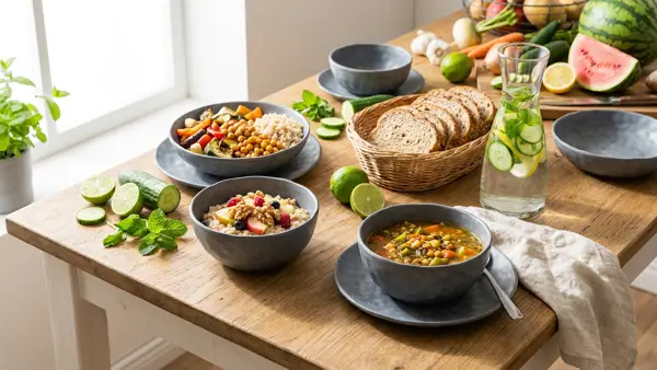 Haferbrei, Linsensuppe, Gemüse mit Reis und Gurkenwasser auf einem Tisch für ein ausgewogenes Detox-Wochenende