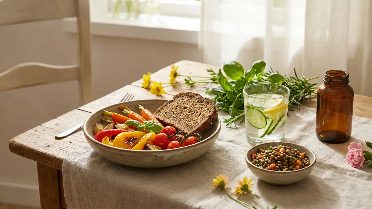 Buntes Gemüse, Vollkornbrot und Wasser auf einem Tisch, daneben eine geschlossene Dose ohne Aufschrift.