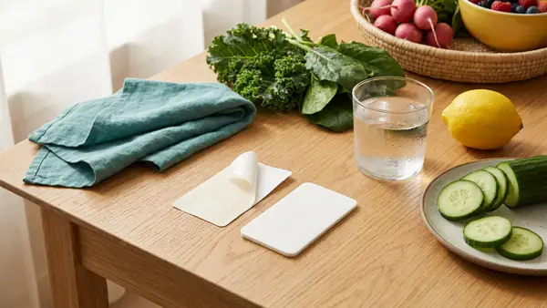 Helles und dunkel verfärbtes Pflaster neben Wasserglas, Zitrusfrüchten und einem türkisfarbenen Handtuch
