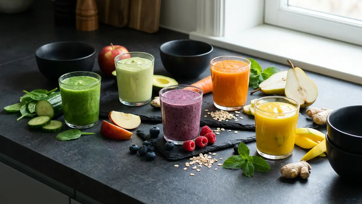 Bunte Smoothies mit Gurke, Spinat, Beeren, Möhre und Mango neben frischen Zutaten auf einer dunklen Küchenfläche