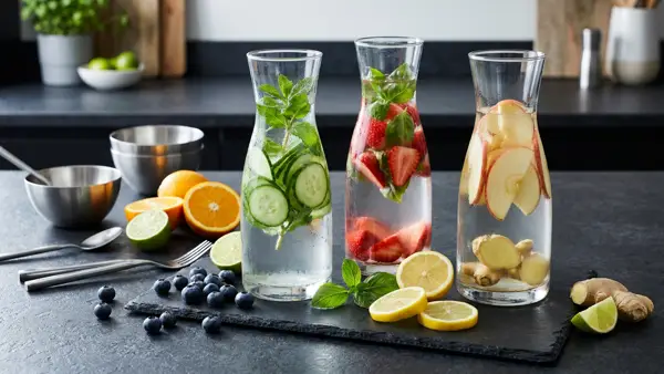 Karaffen mit Detox-Wasser aus Gurke, Minze, Erdbeeren, Basilikum, Apfel und Ingwer auf dunkler Küchenfläche