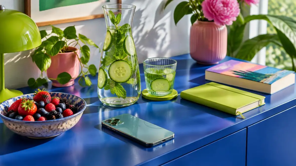 Smartphone abseits eines Tisches mit Minzwasser, Beeren und Buch als Stillleben für eine bewusste digitale Pause