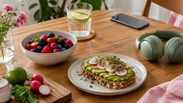 Smartphone mit Display nach unten neben Wasser, Beeren und Avocadobrot als Stillleben einer bewussten Reizpause