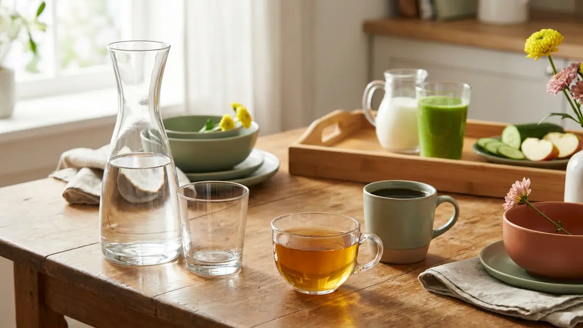 Wasser, ungesüßter Tee und schwarzer Kaffee; Milchkaffee und grüner Smoothie auf einem separaten Tablett