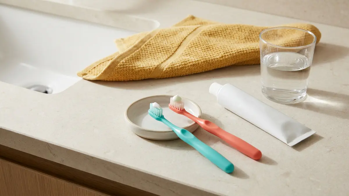 Kinderzahnbürsten mit reis- und erbsengroßen Zahnpastamengen neben einer neutralen Tube und einem Wasserglas