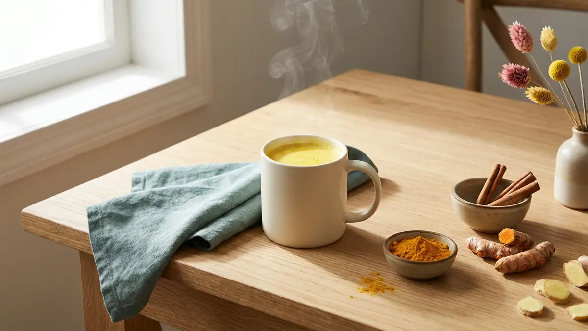 Goldene Milch in einer Keramiktasse mit Kurkumapulver, Zimt und Ingwer auf einem hellen Holztisch