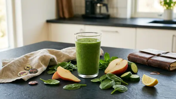 Grüner Smoothie im Glas mit frischem Spinat, Birne, Gurke und Minze auf dunkler Küchenfläche