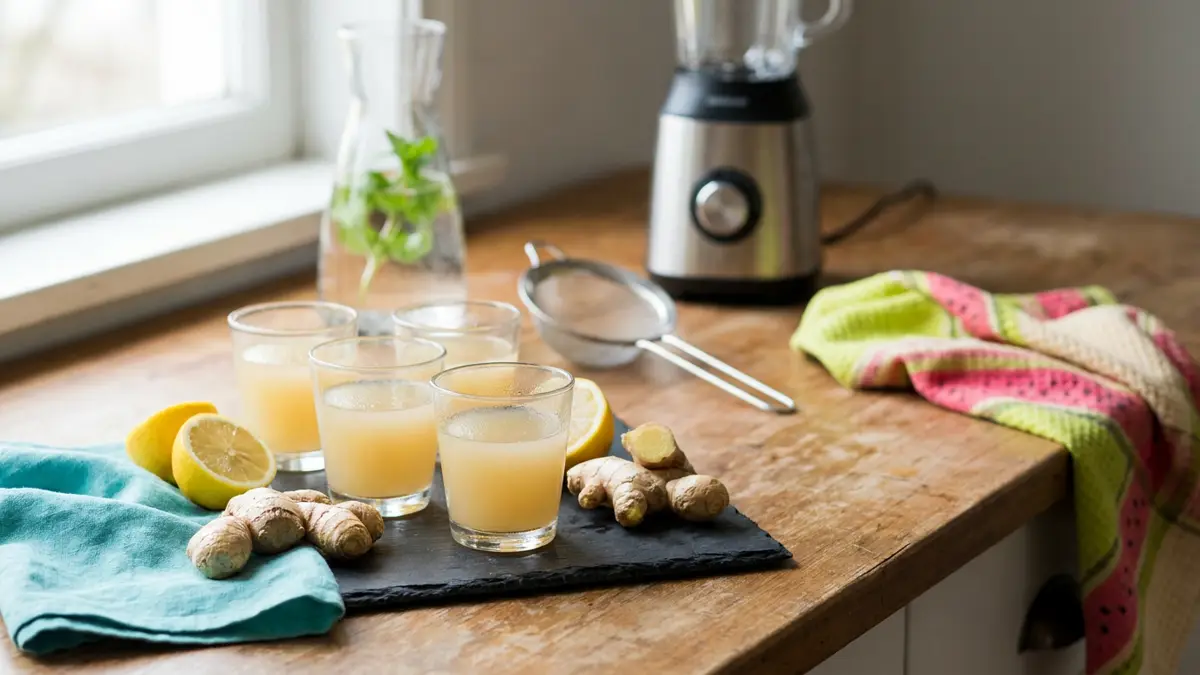 Goldgelber Ingwer Shot mit frischer Ingwerwurzel, Zitrone und Wasserkaraffe auf einem Küchentisch