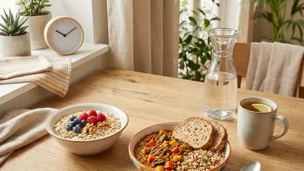 Bunte Mahlzeit mit Linsen, Vollkornreis und Gemüse neben Wasser, Tee und einer schlichten Uhr