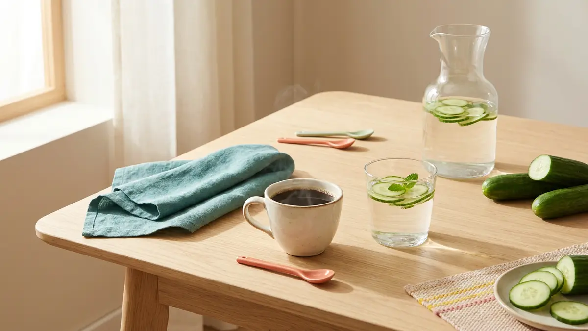 Kaffeetasse neben einem Wasserglas, Gurken-Zitronen-Wasser und ungesüßtem Früchtetee auf einem Holztisch