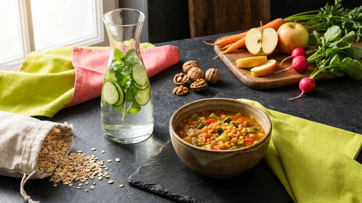 Gurken-Minz-Wasser, Gemüse-Linsen-Suppe, Haferflocken und frisches Obst auf einem dunklen Küchentisch