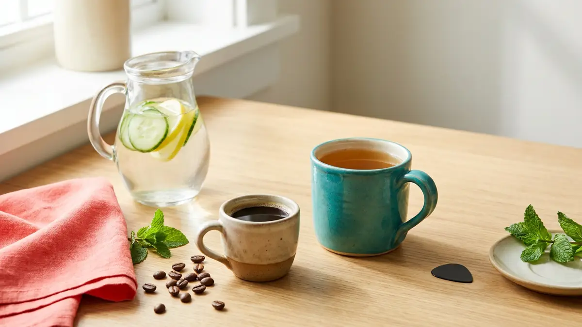 Kleine Kaffeetasse neben Kräutertee und Zitronenwasser als Stillleben zur schrittweisen Koffeinreduktion