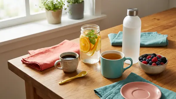 Kleine Kaffeetasse neben Kräutertee und Wasser als Auswahl für koffeinärmere Alltagspausen