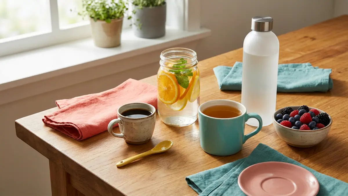 Kleine Kaffeetasse neben Kräutertee und Wasser als Auswahl für koffeinärmere Alltagspausen