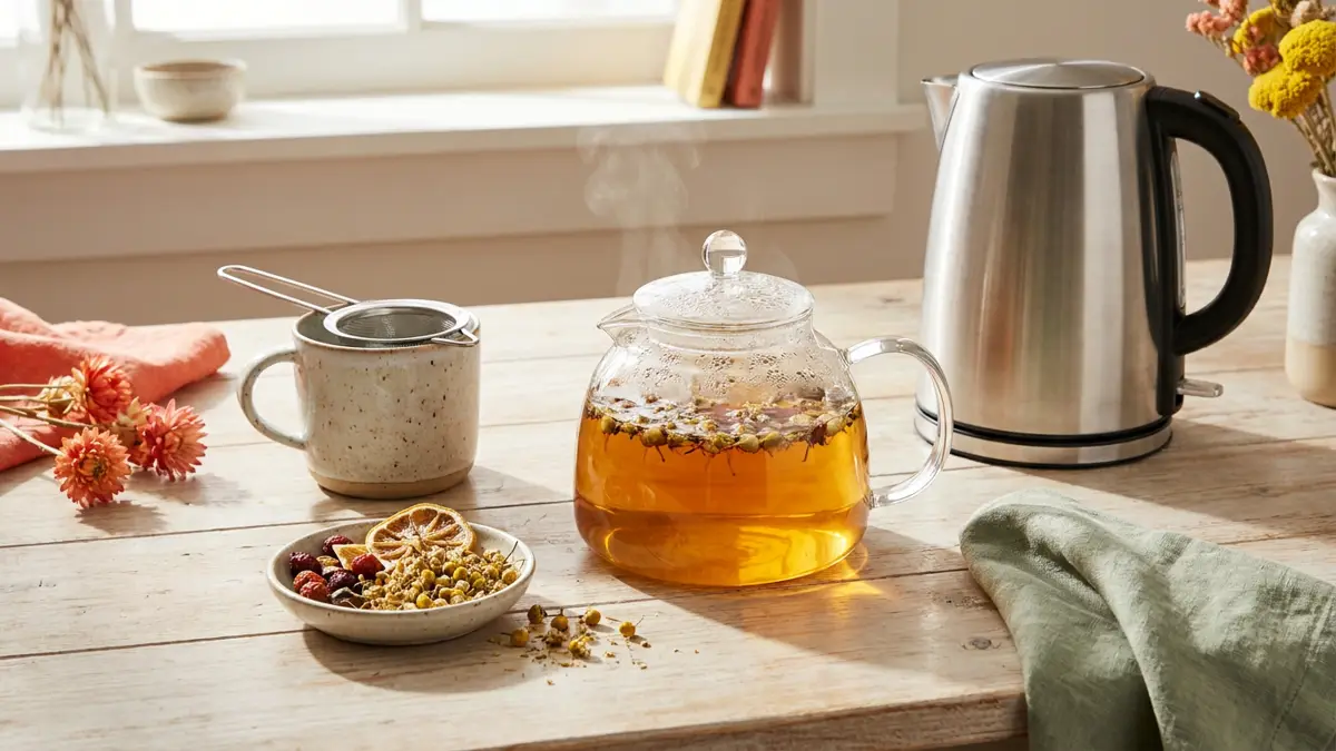 Ungesüßter Kräutertee in Glaskanne und Tasse neben Teesieb, losen Kräutern und einer Wasserkaraffe