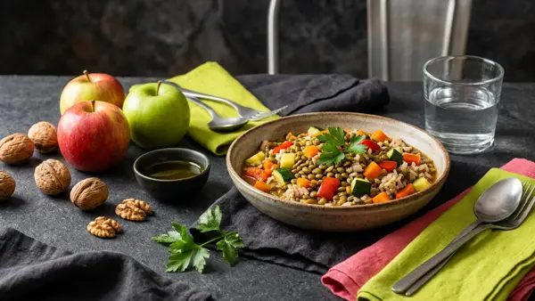 Bunte Linsen-Gemüse-Pfanne mit Vollkornreis, frischem Obst, Nüssen und einem Glas Wasser auf dunklem Tisch