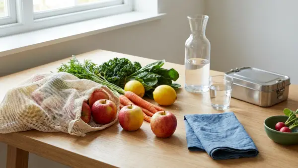 Loses Obst und Gemüse, Stoffnetz, Wasserkaraffe und Mehrwegdose auf einem hellen Küchentisch