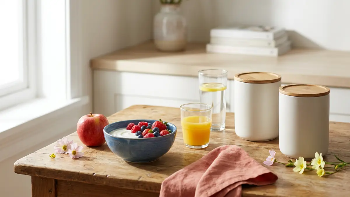 Naturjoghurt, frisches Obst, Saft und Wasser als Stillleben zum Unterschied zwischen Zuckerzusatz und natürlichem Zucker
