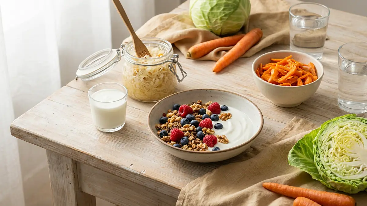 Naturjoghurt, Kefir, Sauerkraut und milchsaure Möhren neben frischem Gemüse, Vollkornbrot und Wasser