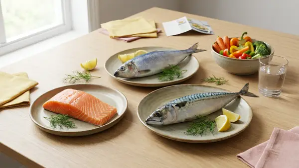 Lachs, Hering und Makrele auf Keramiktellern mit Zitrone, Dill und buntem Gemüse