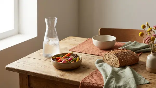 Bunte Gemüsemahlzeit, Vollkornbrot und Wasserkaraffe auf einem hellen Küchentisch