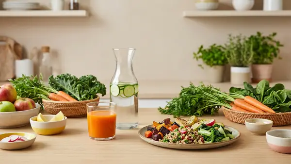 Gemüsesaft und Wasser neben einer Gemüsemahlzeit, frischem Obst und Gemüse auf einem hellen Küchentisch