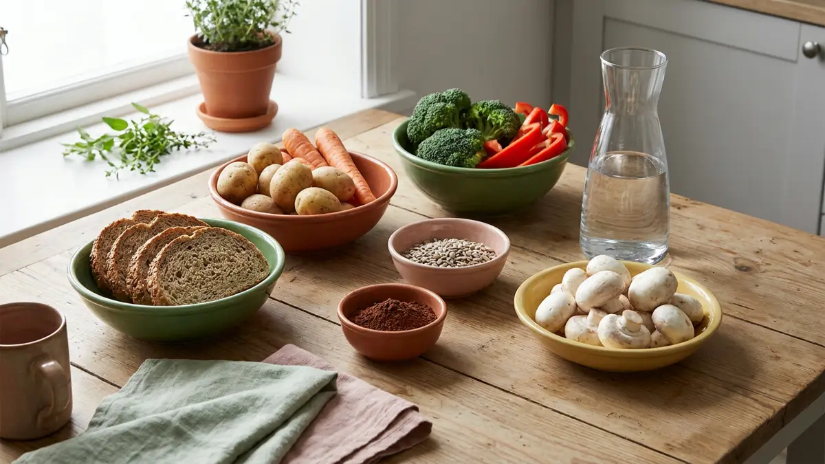 Abwechslungsreiche Lebensmittel mit Brot, Kartoffeln, Gemüse, Samen und Wasser auf einem hellen Küchentisch