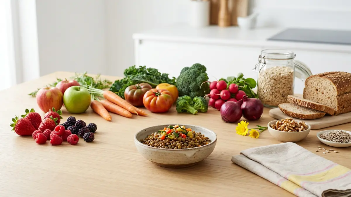 Gemüse, Obst, Linsen, Hafer, Vollkornbrot und Nüsse als vielfältige Quellen sekundärer Pflanzenstoffe