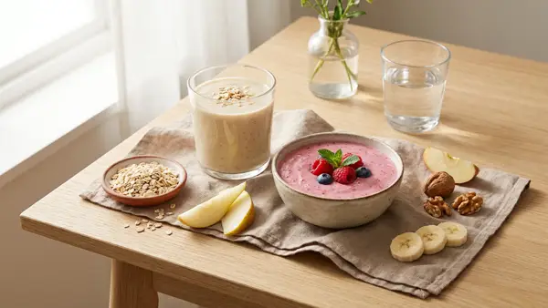 Cremiger Haferflocken-Smoothie neben einer Beeren-Smoothie-Bowl mit Haferflocken, Birne und Walnüssen