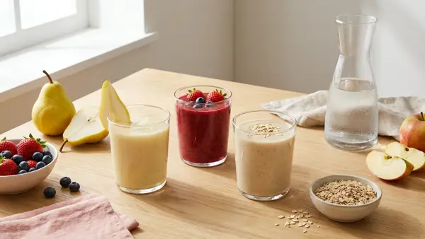 Drei Smoothies ohne Banane mit Birne, Beeren und Hafer, daneben frische Früchte und Haferflocken.