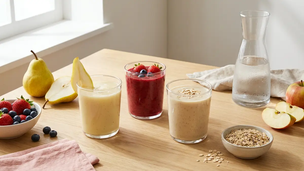Drei Smoothies ohne Banane mit Birne, Beeren und Hafer, daneben frische Früchte und Haferflocken.