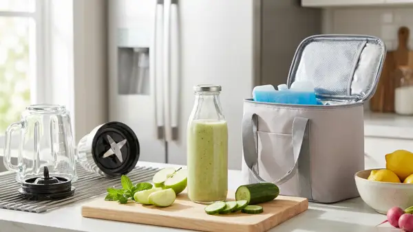 Apfel, Gurke und Minze neben sauberem Mixer, Smoothie-Flasche und Kühltasche auf einer Küchenarbeitsfläche