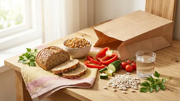 Brot, Vollkornnudeln, Bohnencreme und buntes Gemüse als Zutaten für einfache Mahlzeiten