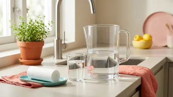 Tischwasserfilter neben einem Glas Leitungswasser und einer Filterkartusche auf einer hellen Küchenarbeitsfläche