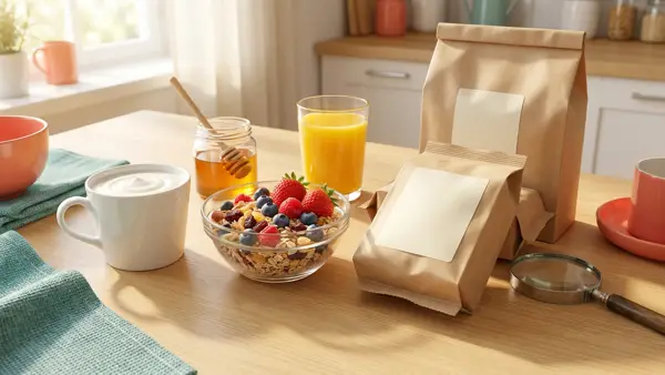 Naturjoghurt, Beeren, Haferflocken und neutrale Verpackungen mit Lupe als Symbol für den Zuckercheck am Etikett
