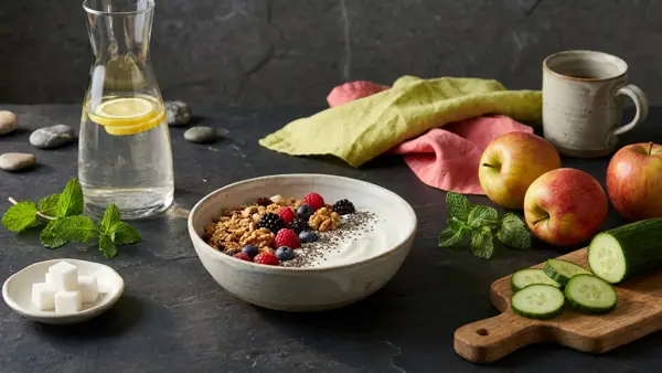 Naturjoghurt, Haferflocken, Nüsse, Obst und Wasser neben einer kleinen Schale Zuckerwürfel auf dunklem Tisch