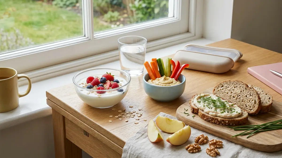 Süße und herzhafte Snacks ohne Zuckerzusatz: Beerenjoghurt, Apfel, Nüsse, Gemüsesticks mit Hummus und Vollkornbrot.