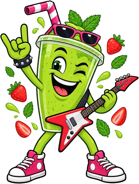 rockmydetox-Maskottchen: ein grüner Smoothie mit E-Gitarre in Partylaune
